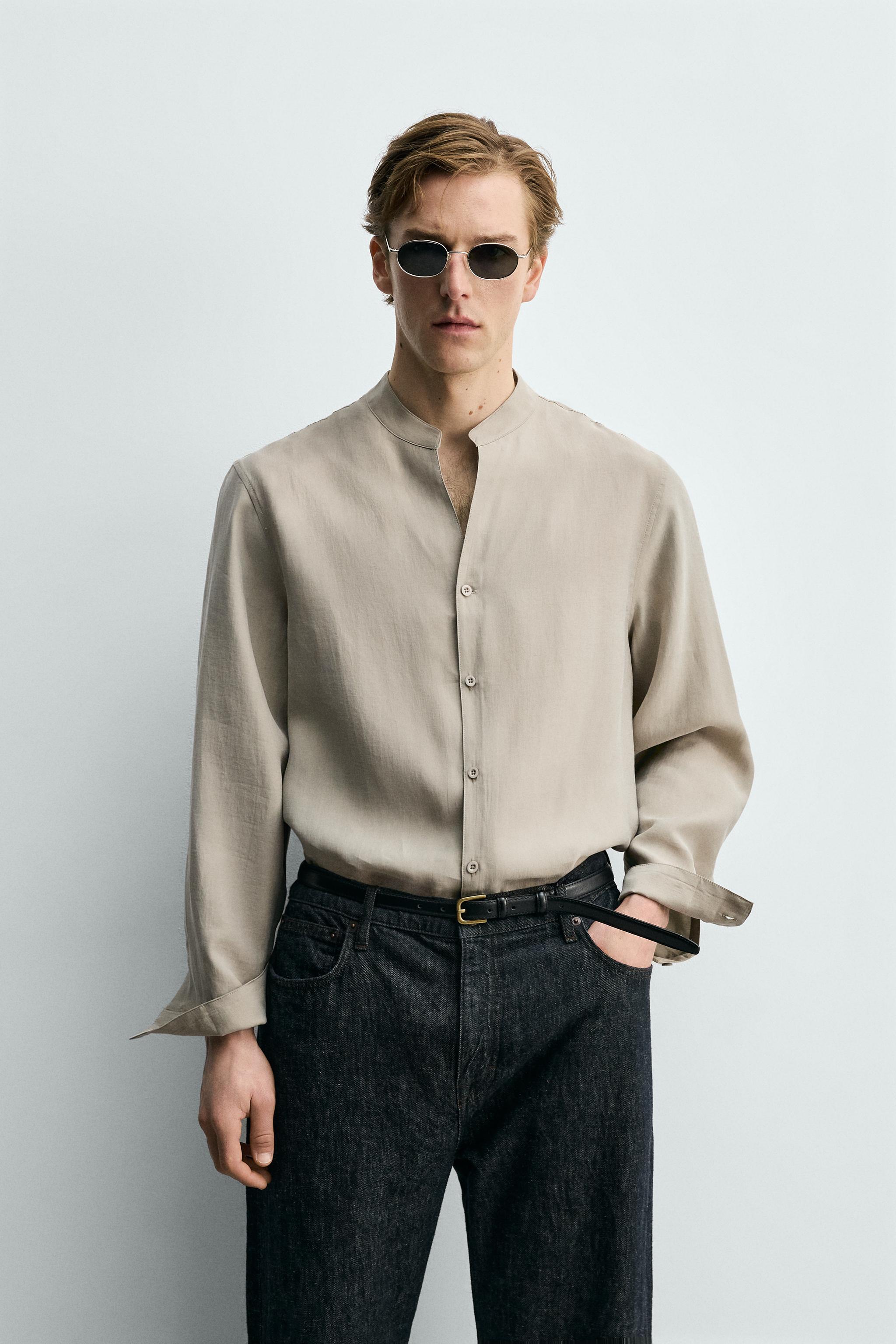 FLOWY BAND COLLAR SHIRT — Stone