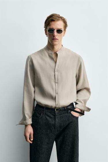 Zara FLOWY BAND COLLAR SHIRT - Stone