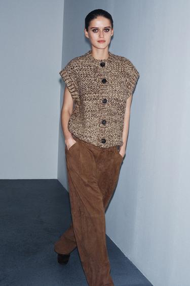 Zara CHUNKY KNIT VEST - Beige-brown
