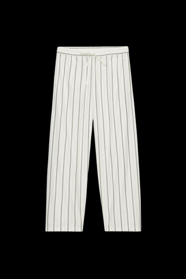 Zara STRIPED PAJAMA PANTS - Ecru / Blue