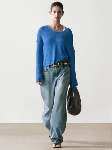 Jersey punto cuello pico mezcla algodón - Azulina de Zara