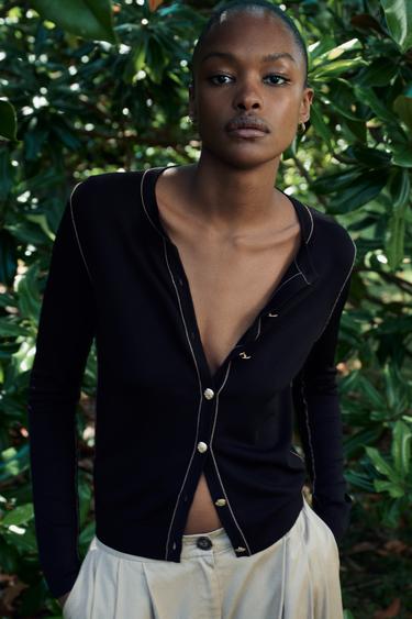PLAIN KNIT CARDIGAN WITH CONTRAST TRIMS - Black gold by Zara - Image 0