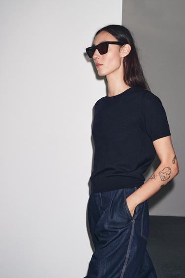 100% WOOL SHORT SLEEVE TOP - Navy blue by Zara - Image 2
