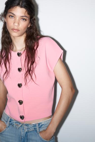 HEART BUTTON KNIT TOP - Pink by Zara - Image 1