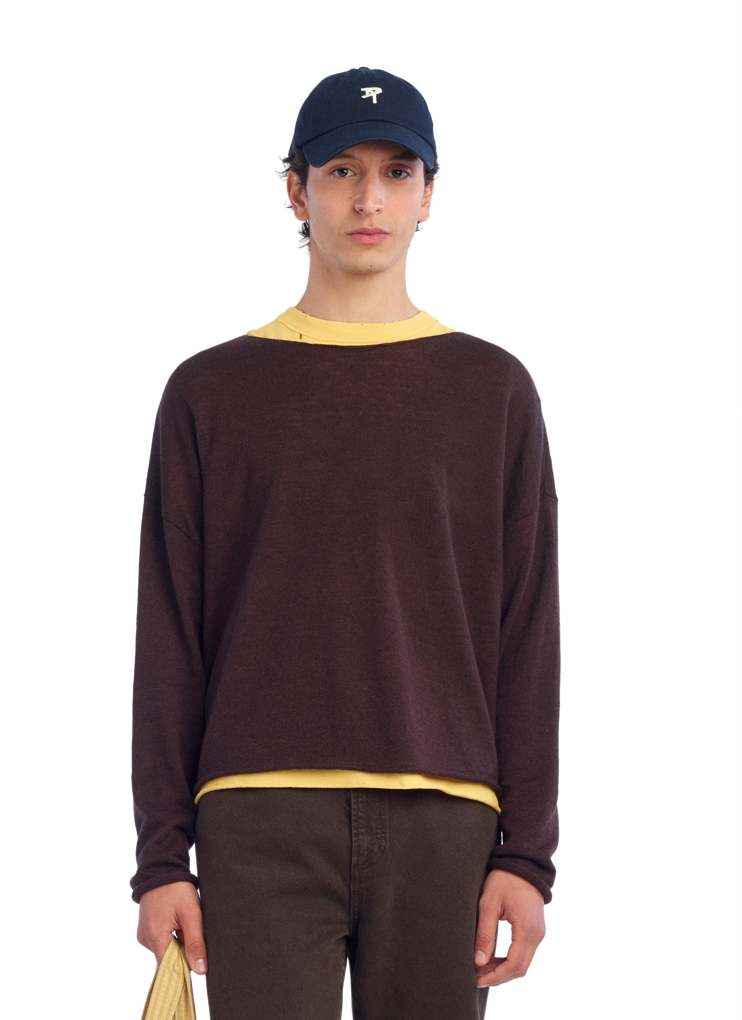 CROPPED FIT LINEN-WOOL BLEND SWEATER — Brown