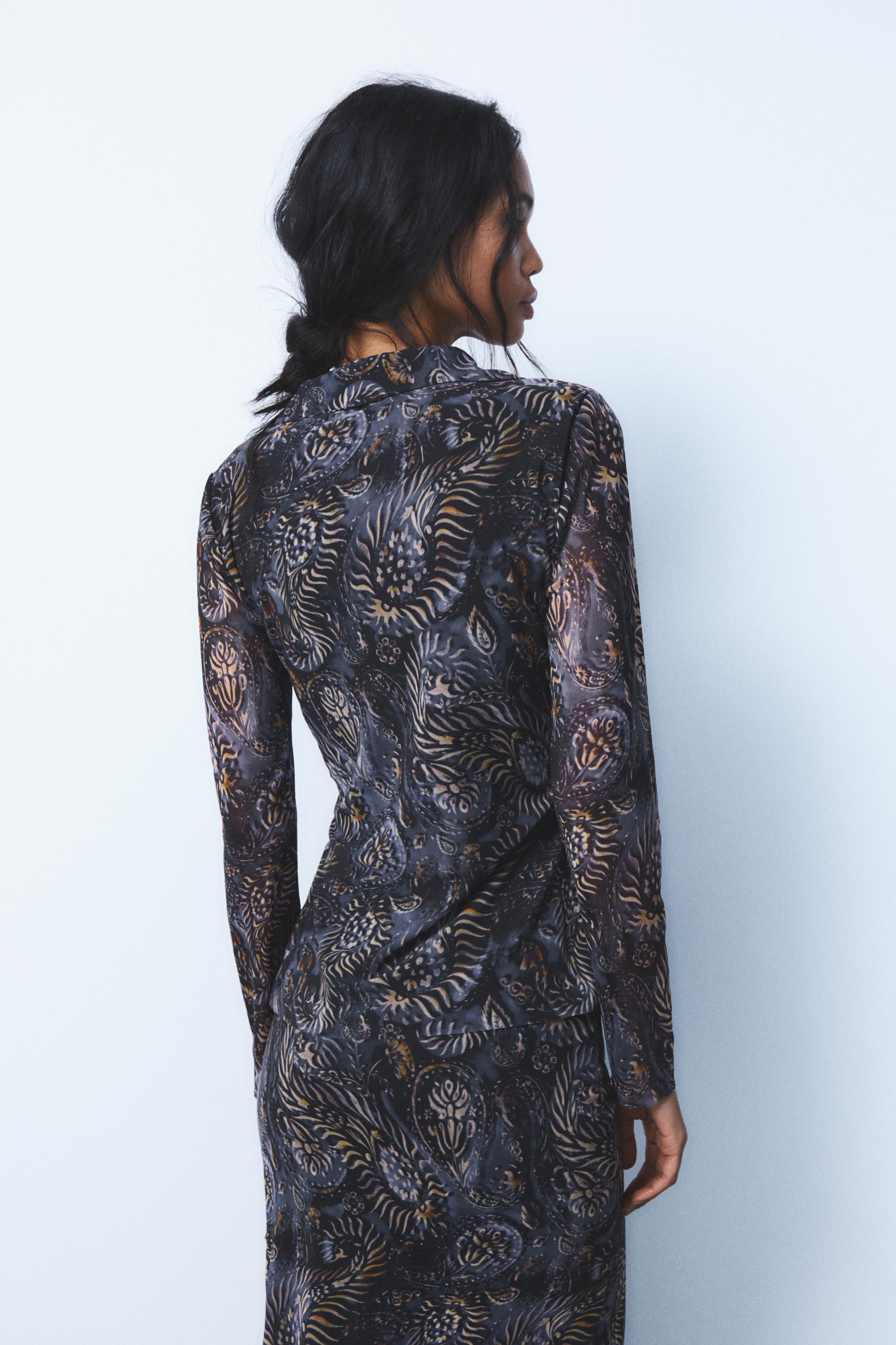 PRINTED TULLE BLOUSE - Blue / Black | ZARA United States PRINTED TULLE BLOUSE - Blue / Black | ZARA United States
