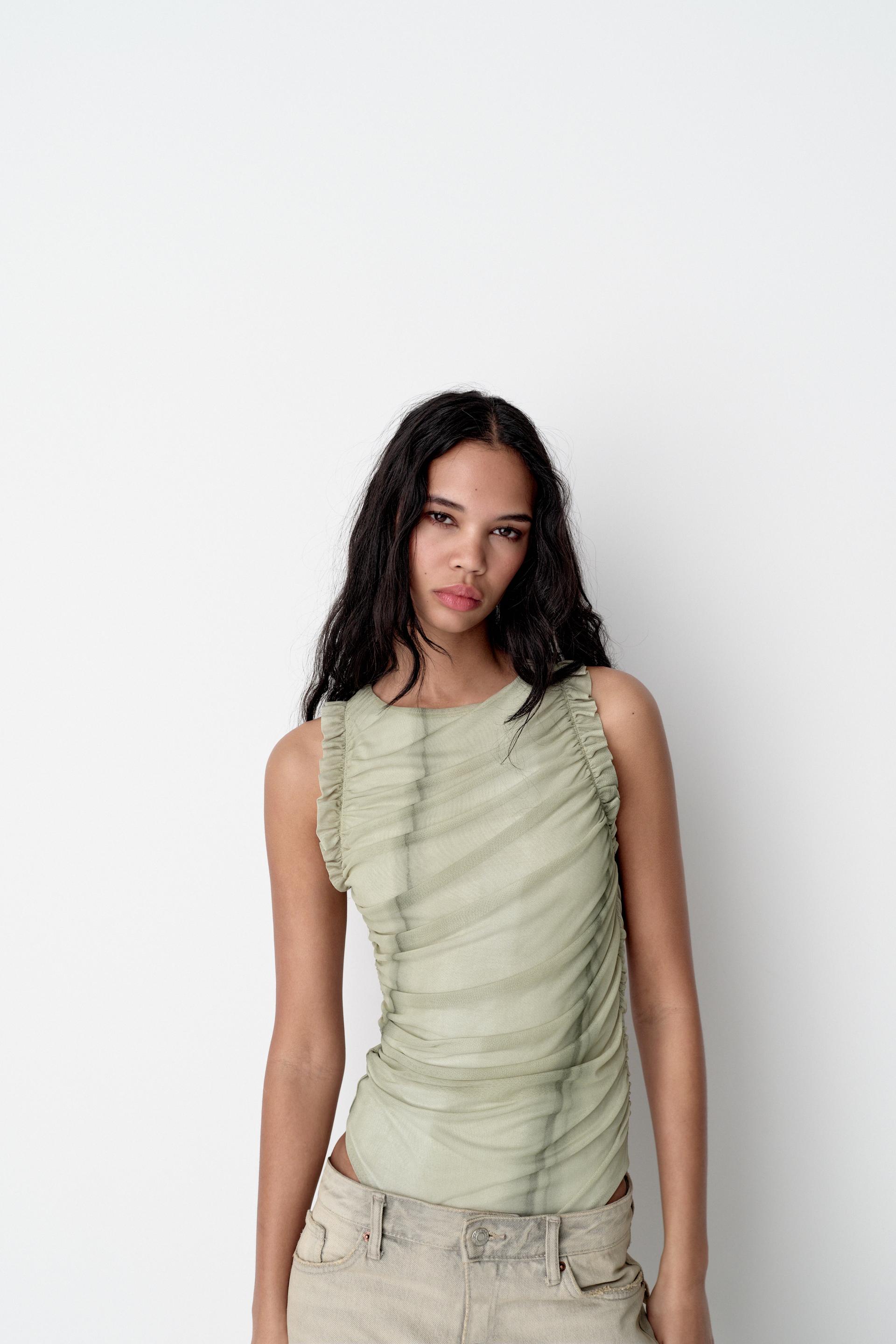 Zara Ruffle Sleeve Bodysuit Green Womens Size S/M Cotton Stretch Short  Sleeve