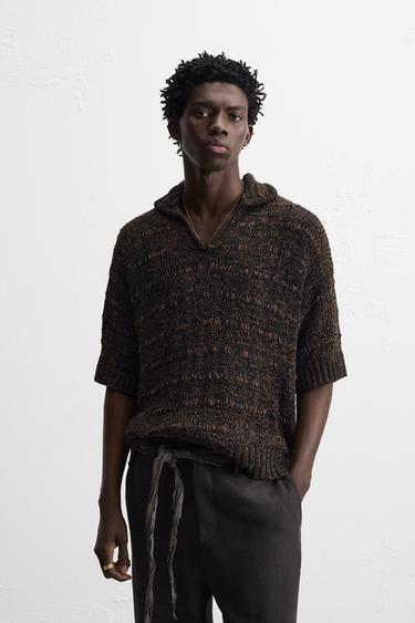 Zara 對比條紋針織 POLO 衫 - 棕色