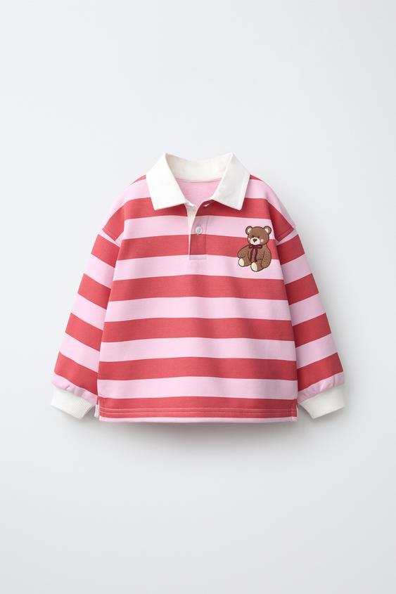 STRIPED EMBROIDERED BEAR POLO SHIRT - Red by Zara - Image 0