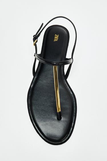 Zara 金屬飾邊平底涼鞋 - 黑色