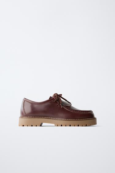 LEATHER LACE-UP DECK SHOES - Brown by Zara