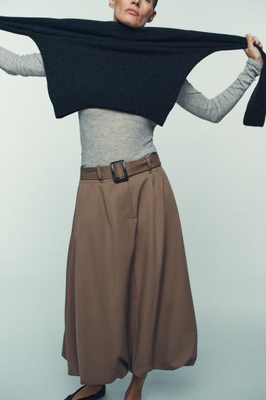 Zara BELTED BALLOON MIDI SKIRT - taupe brown
