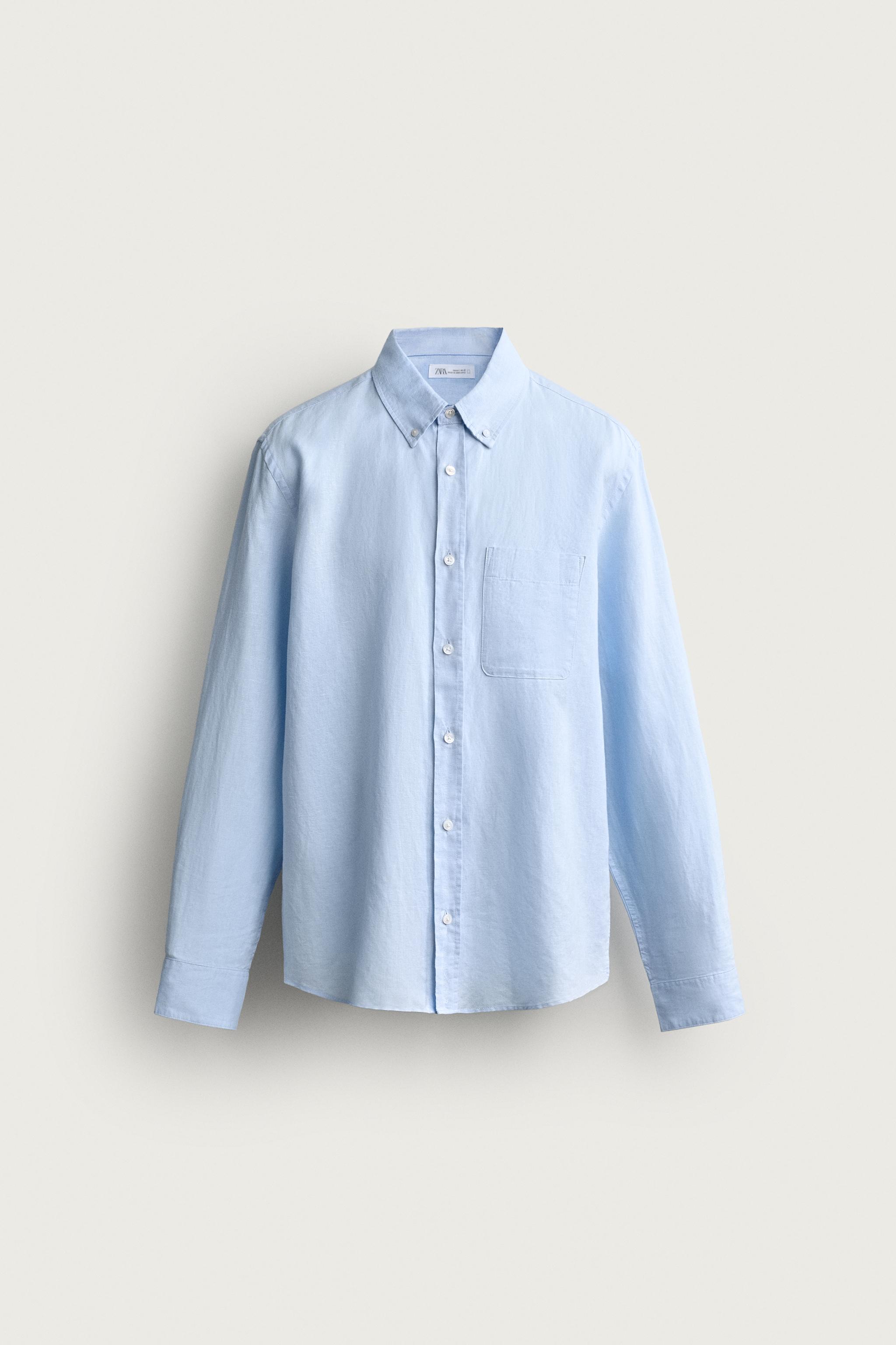 LINEN COTTON BLEND REGULAR FIT SHIRT — Sky blue