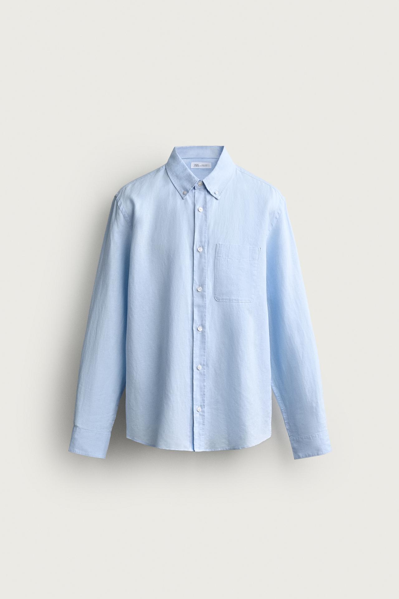 LINEN COTTON BLEND REGULAR FIT SHIRT — Sky blue