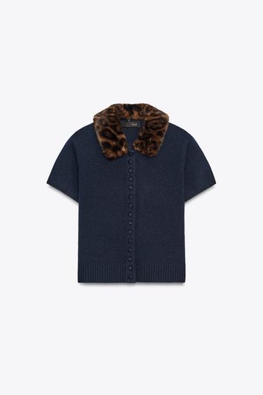 Zara ANIMAL PRINT COLLAR CARDIGAN - Navy blue
