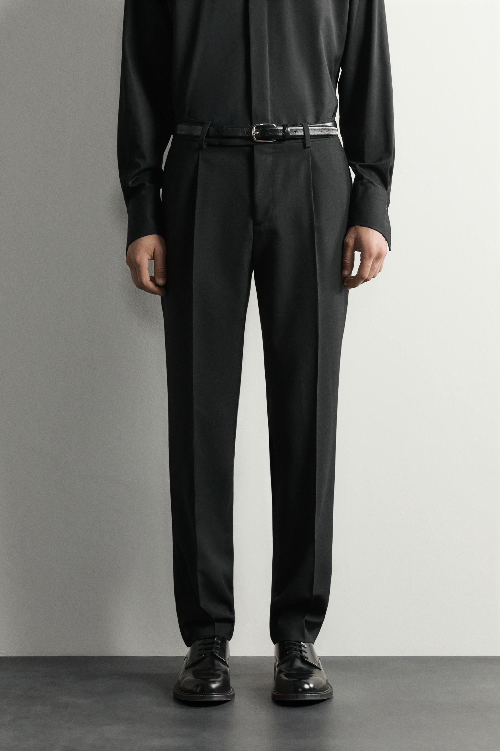 REGULAR FIT PLEATED TUXEDO PANTS — Black