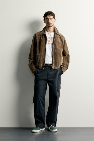 REGULAR FIT SUEDE LEATHER JACKET - camel by Zara