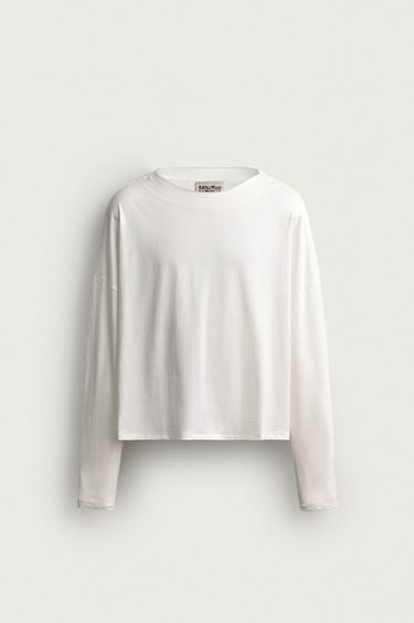 CAMISETA CROPPED FIT MANGA LARGA - Blanco roto de Zara