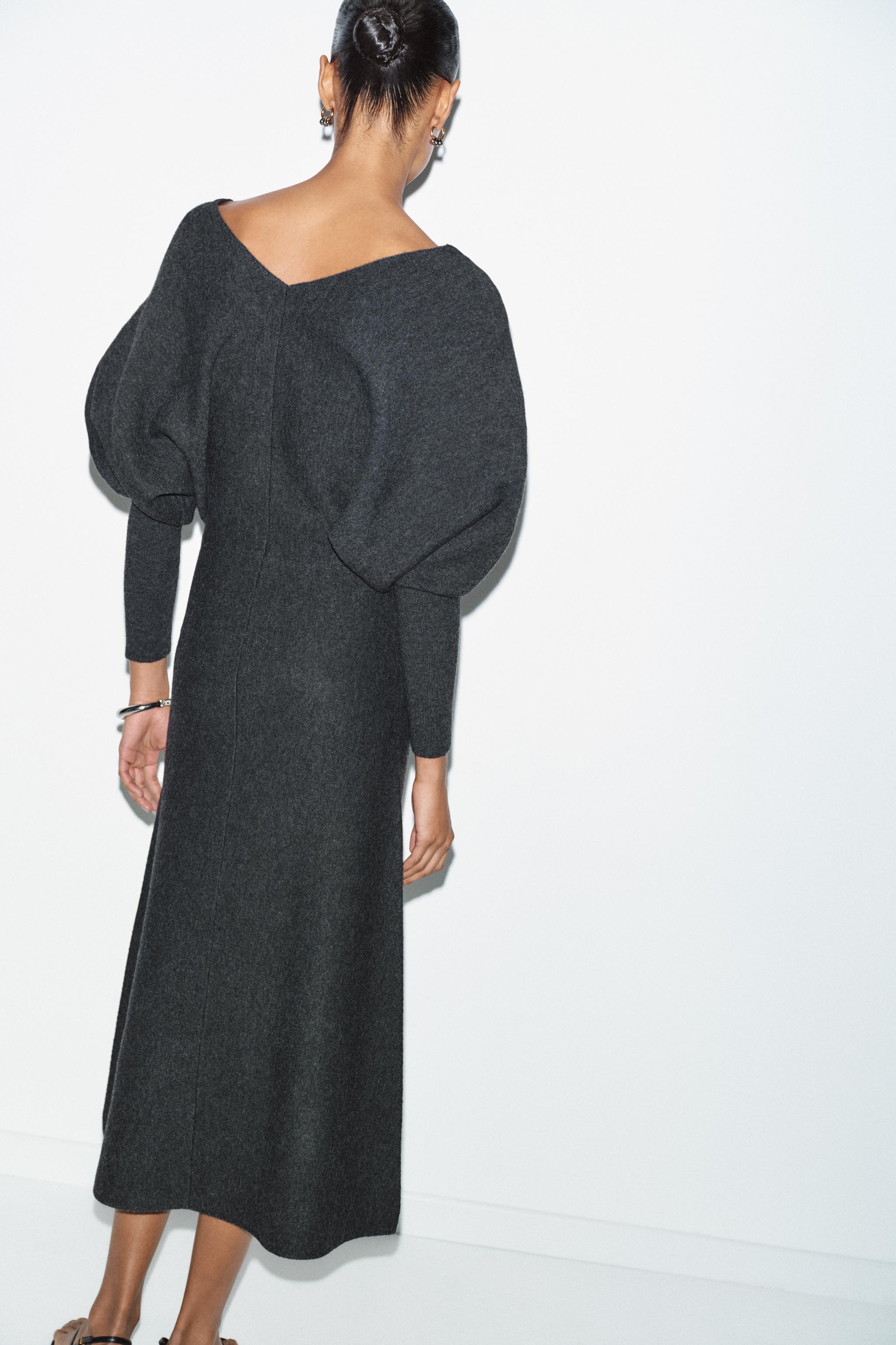 grey sweater dress zara V-NECK KNIT MIDI DRESS - Gray
