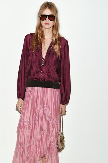 RUFFLED BLOUSE - Burgundy by Zara