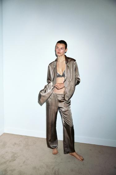 Zara STRIPED PAJAMA PANTS - taupe brown