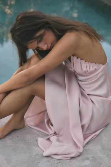 Zara 緞面縮褶中長版洋裝 - 淺桃紅色