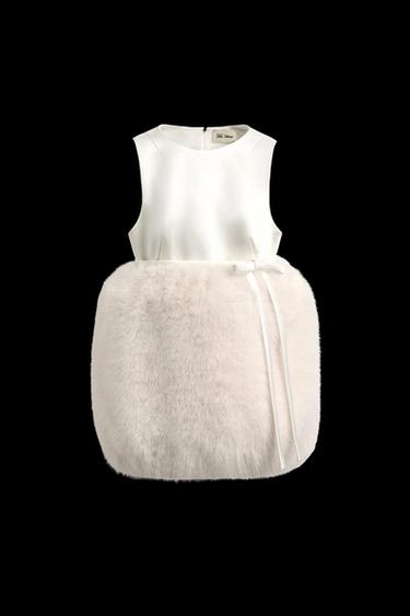 Zara FAUX FUR EFFECT COMBINED MINI DRESS HARRY LAMBERT FOR ZARA X DISNEY - Ecru