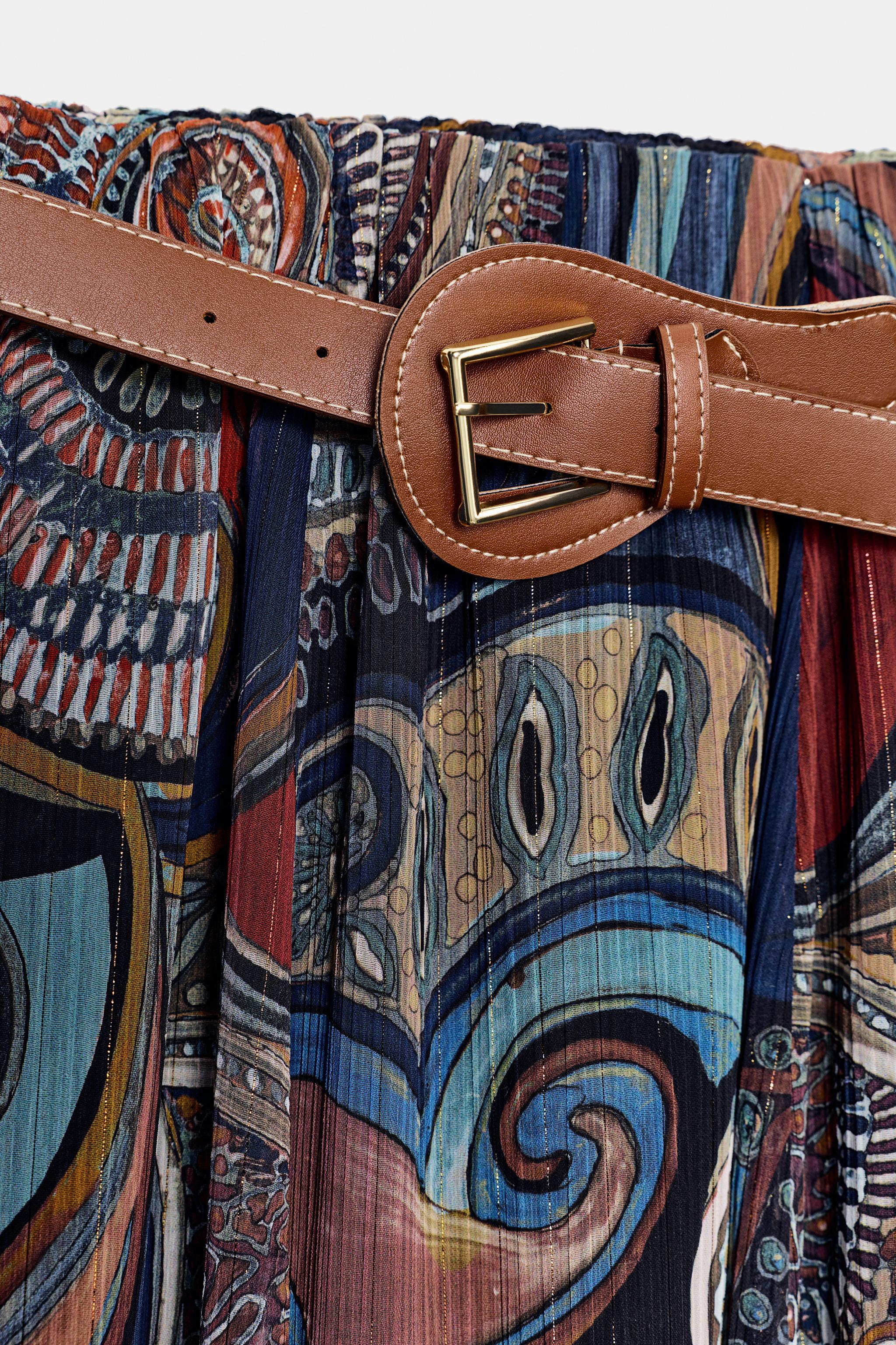 METALLIC THREAD PRINTED MIDI SKIRT WITH BELT