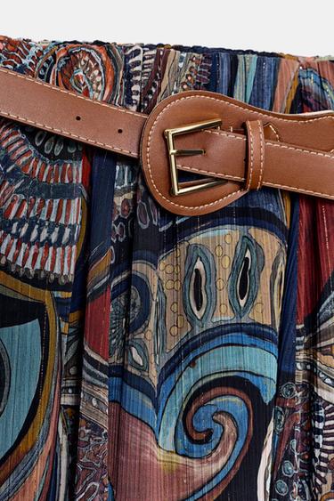 JUPE MI-LONGUE IMPRIMÉE AVEC FIL MÉTALLISÉ ET CEINTURE - Bleu / Bleu marine de Zara - Image 7