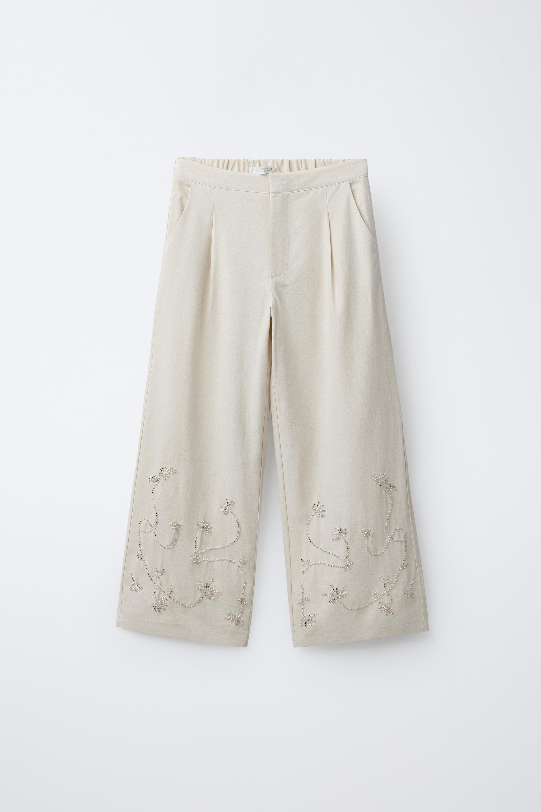 LINEN AND COTTON WIDE LEG BEADED PANTS