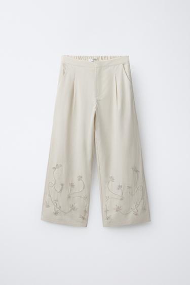 WIDE-LEG BEADED TROUSERS WITH LINEN AND COTTON - Sand by Zara - Image 0