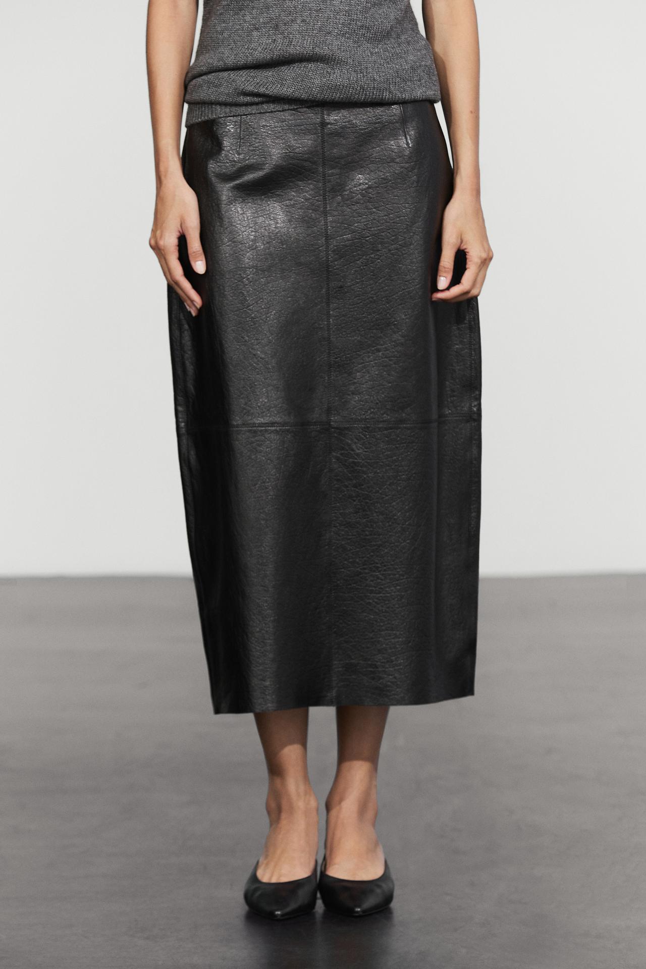 Midi balloon  skirt with Nappa leather seams — Black