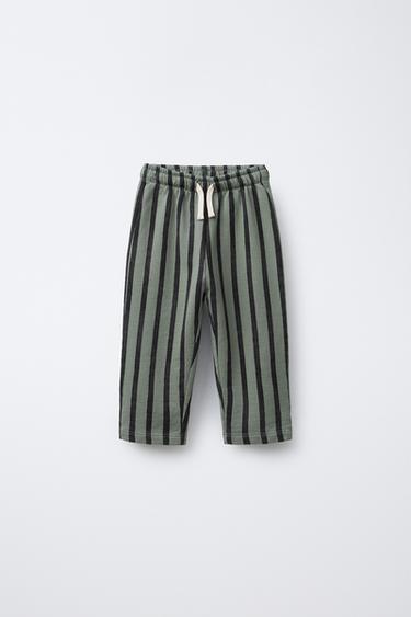 Zara STRIPED FLEECE STRAIGHT-LEG PANTS - Black / Green