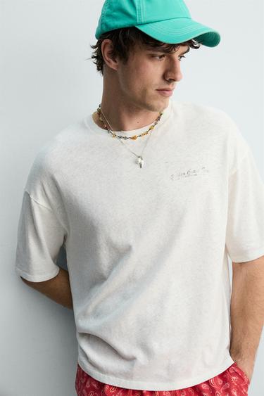T-SHIRT DÉLAVÉ COTON ET LIN FLORIDE - Blanc de Zara - Image 4