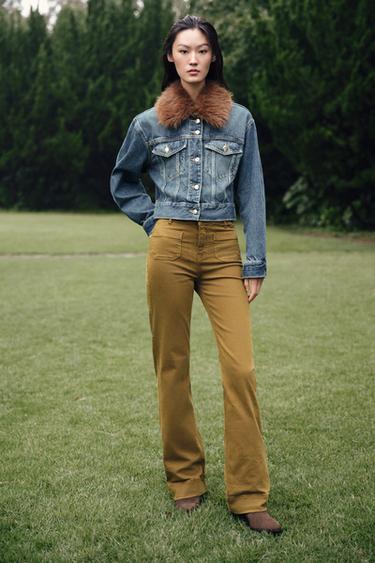 Zara Z1975 系列高腰貼式口袋牛仔褲 - 黃綠色
