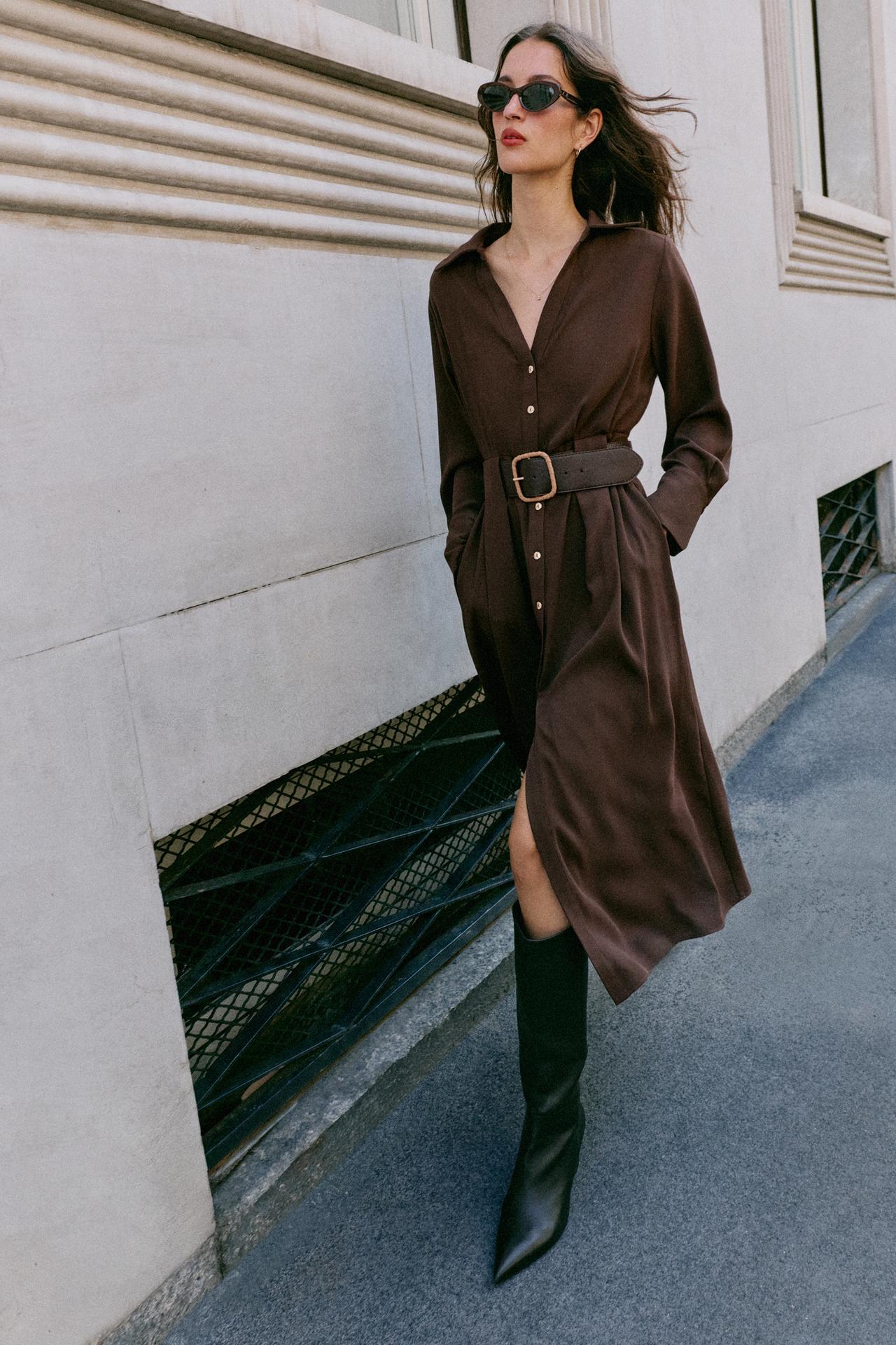 BELTED MIDI SHIRT DRESS — Brown