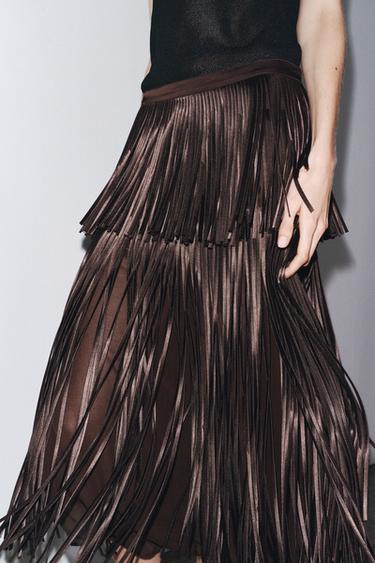JUPE MIDI À FRANGES - Marron de Zara - Image 1