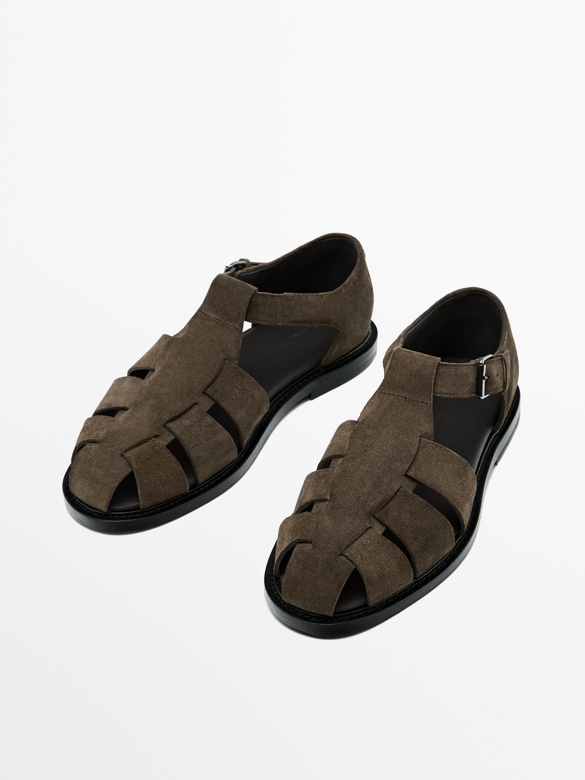 Leather cage sandals with split leather finish - Mink Gray | ZARA 