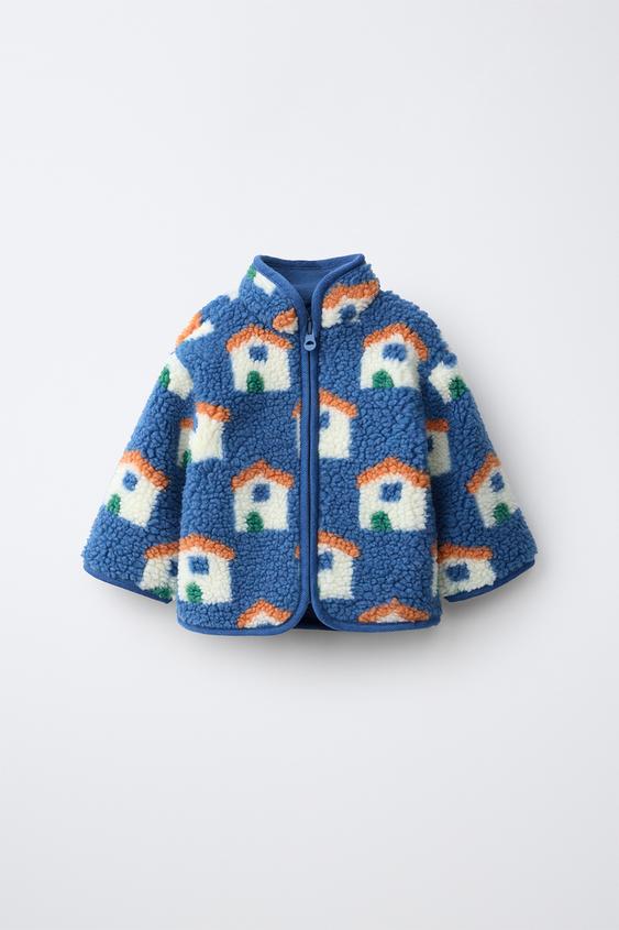 FAUX SHEARLING JACKET WITH LITTLE HOUSE PRINT - Blue by Zara - Image 0