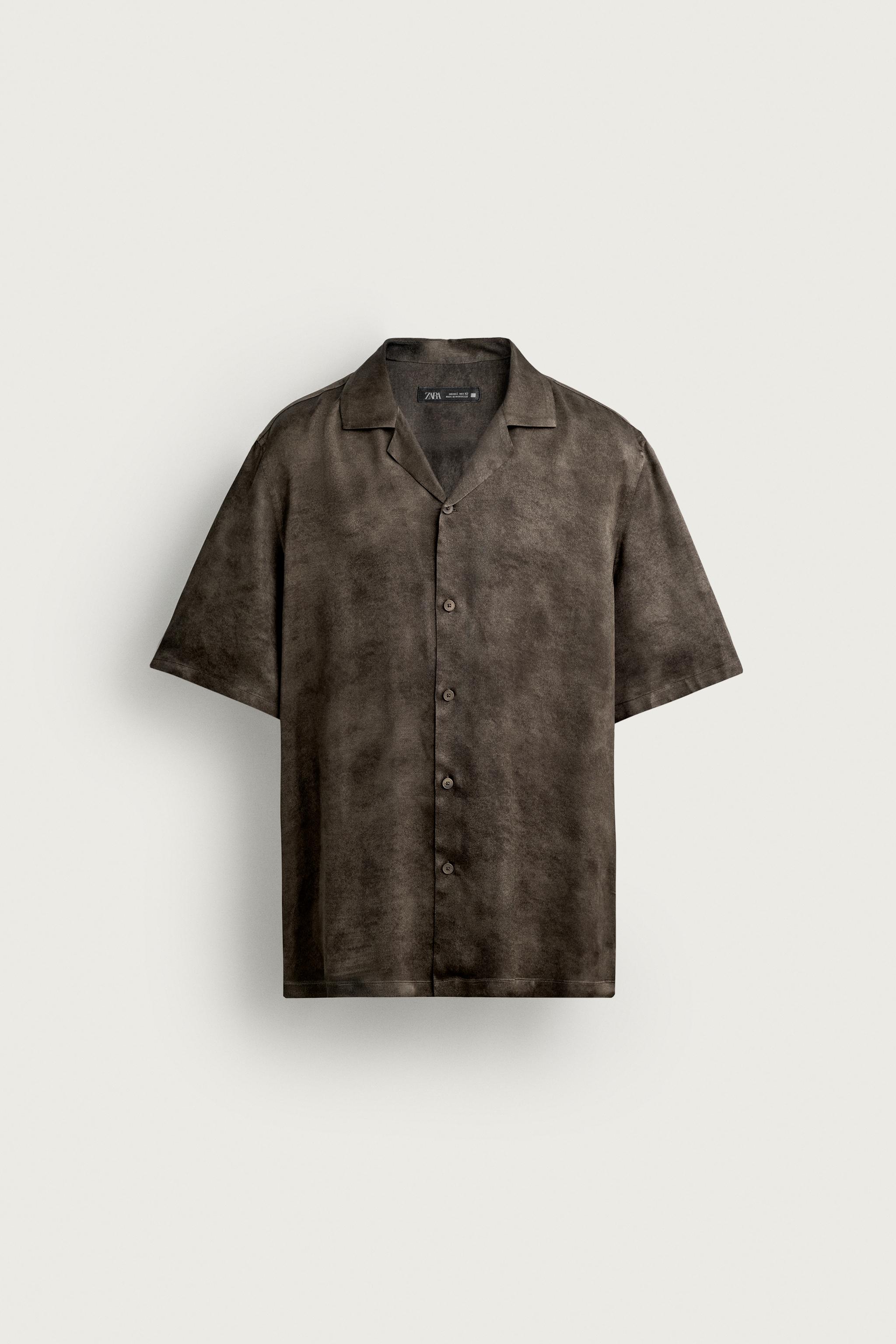 WASHED-EFFECT PRINT SATIN SHIRT — Brown