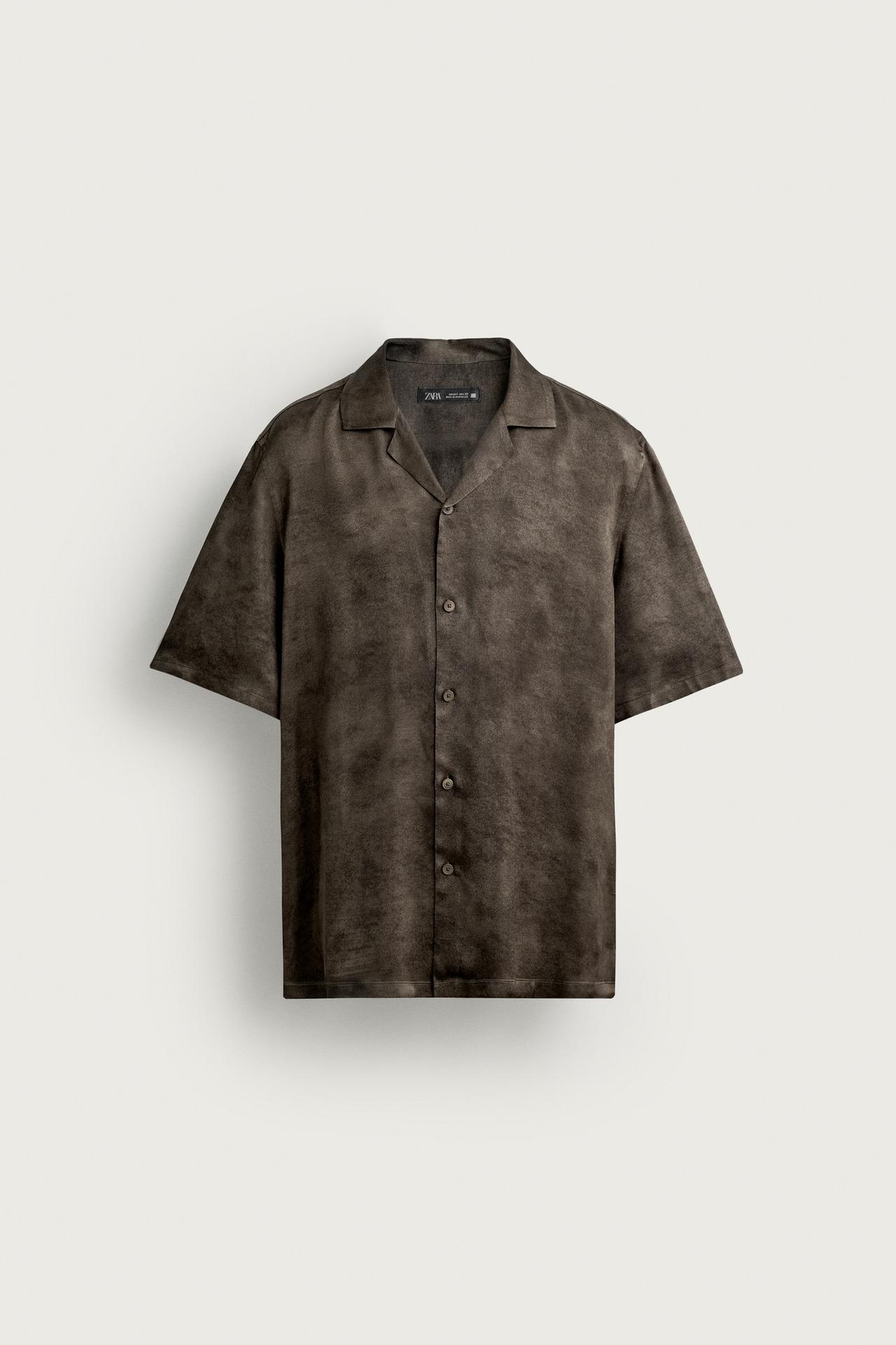 WASHED-EFFECT PRINTED SATIN SHIRT — Brown