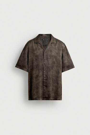 Zara WASHED-EFFECT PRINT SATIN SHIRT - Brown