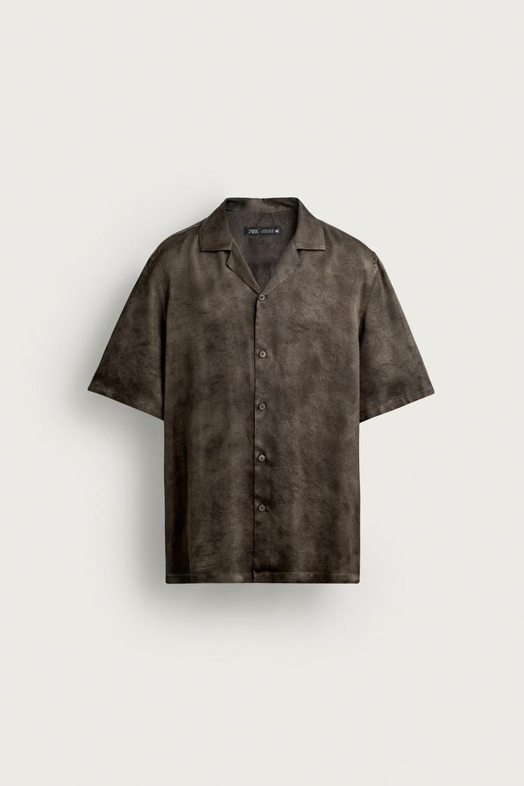 WASHED-EFFECT PRINTED SATIN SHIRT — Brown