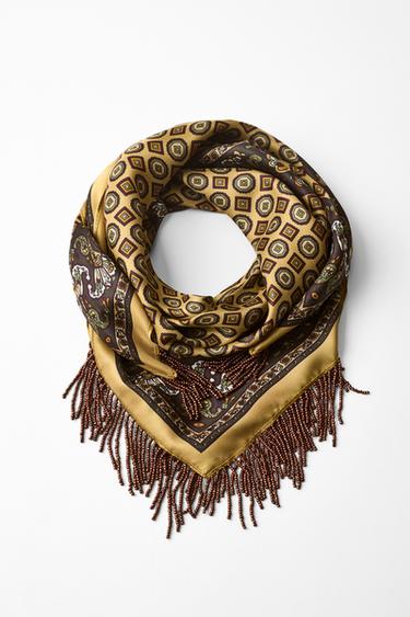 Zara FRINGED SATIN PRINT SCARF - Mustard