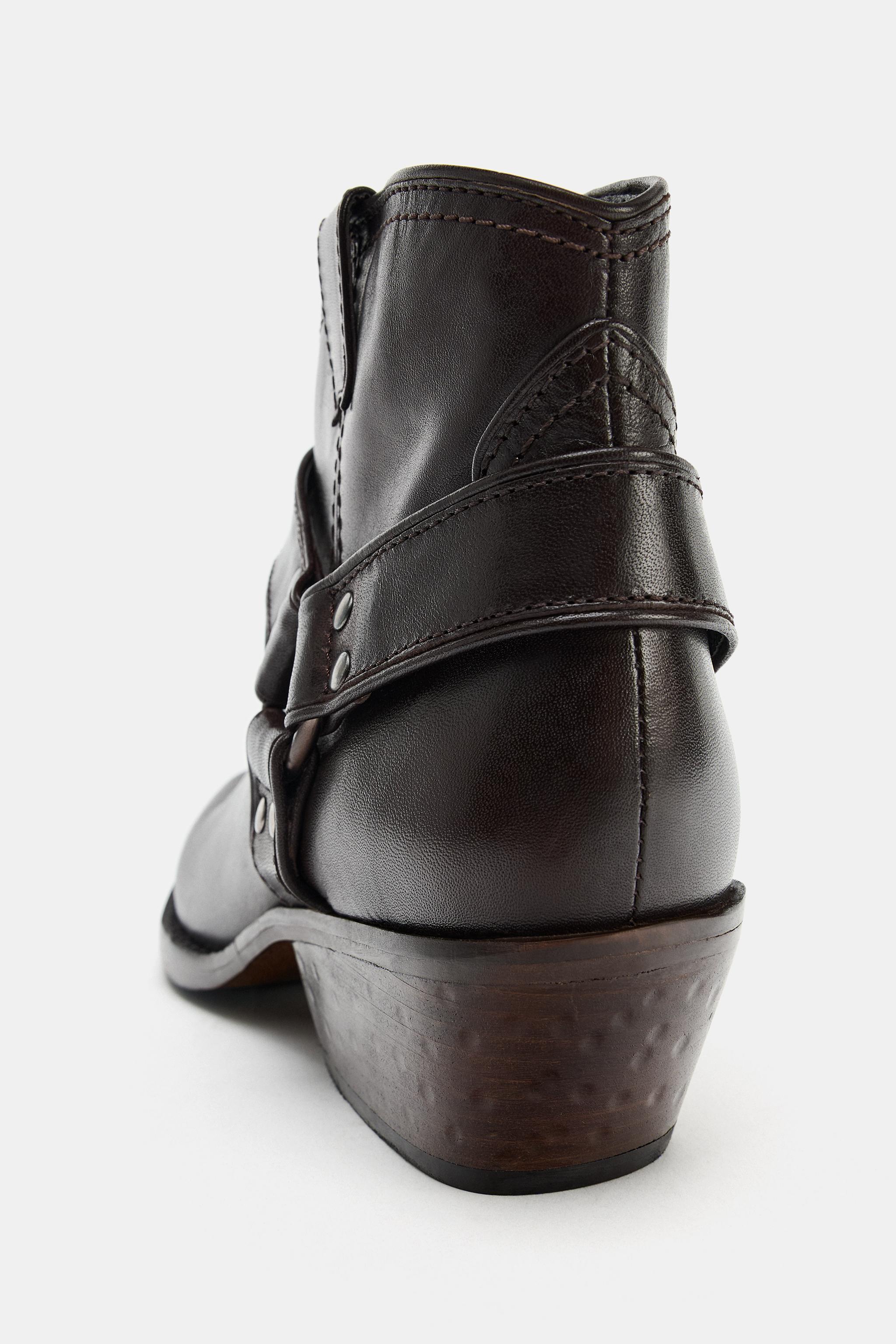 LEATHER COWBOY ANKLE BOOTS WITH RINGS - Brown | ZARA United States