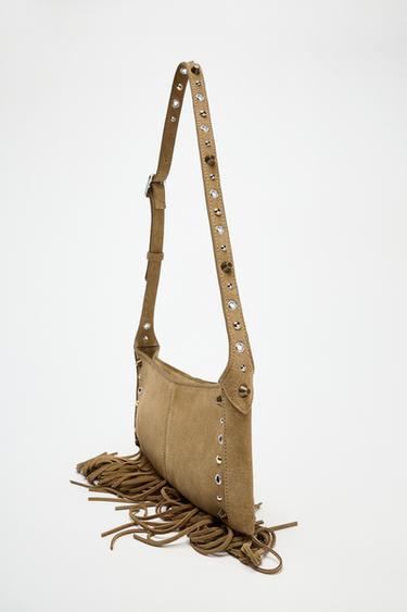 SPLIT SUEDE HANDBAG WITH FRINGING - Dark tan by Zara - Image 4