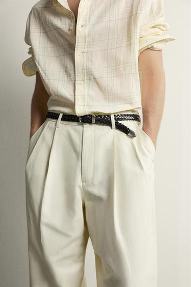 Zara COTTON-LINEN PLEATED CHINO TROUSERS - Sea green