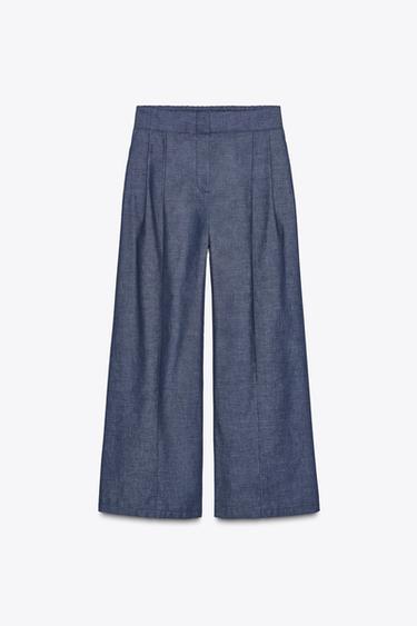 Zara PLEATED WIDE LEG PANTS - Indigo