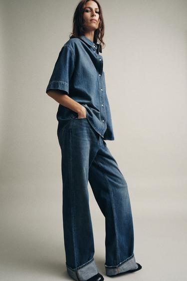 Zara ZW COLLECTION MID-RISE TURN-UP HEM JEANS - Mid-blue