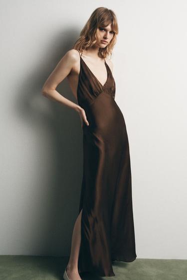 SATIN DRESS WITH LOW-CUT BACK - Dark brown by Zara - Image 0